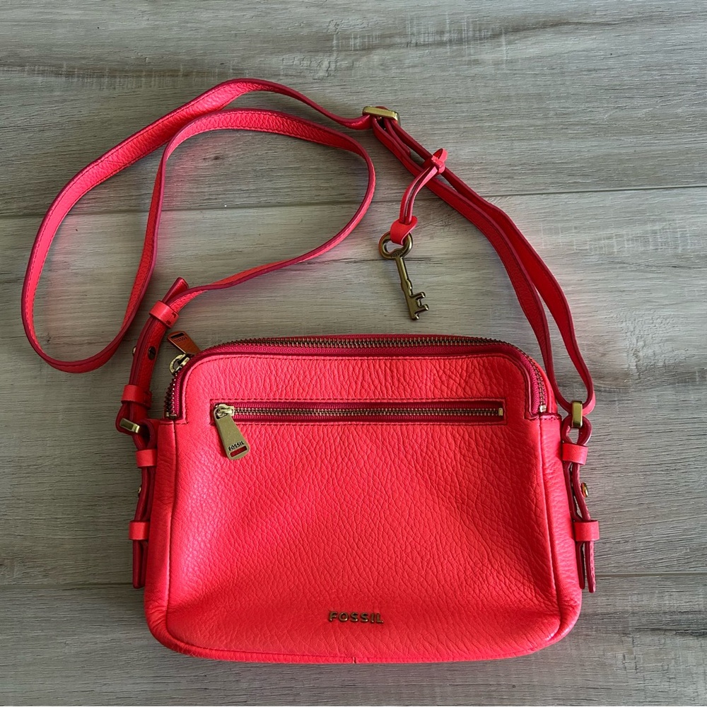 Fossil Bright Coral Leather Crossbody Bag